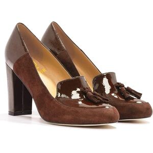 Chunky Block High Heel Fringed Pumps Round Toe Slip On Loafers Tassel Suede